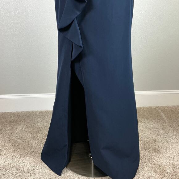 Vince Camuto Off the Shoulder Column Evening Gown Blue Size 6 Ruffled Side Slit - Picture 8 of 14